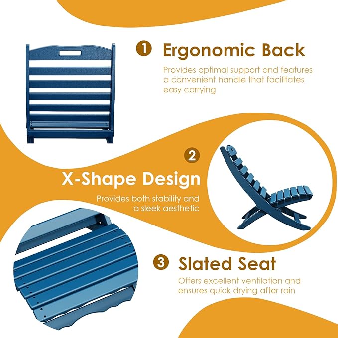 IVY&LANE Portable Xavier-Chairs Set of 2 | Folding-Adirondack-Chair | Wave | HDPE Plastic | Blue | All-Weather Resistant | for Outdoor Fire-Pit Patio Lawn Beach Poolside