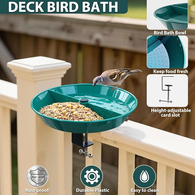 Deck Bird Bath for Outdoors,12" Bird Baths with Adjustable Sturdy Metal Clamp for Deck Railing Balcony Yard Garden Decoration,Lightweight, Detachable