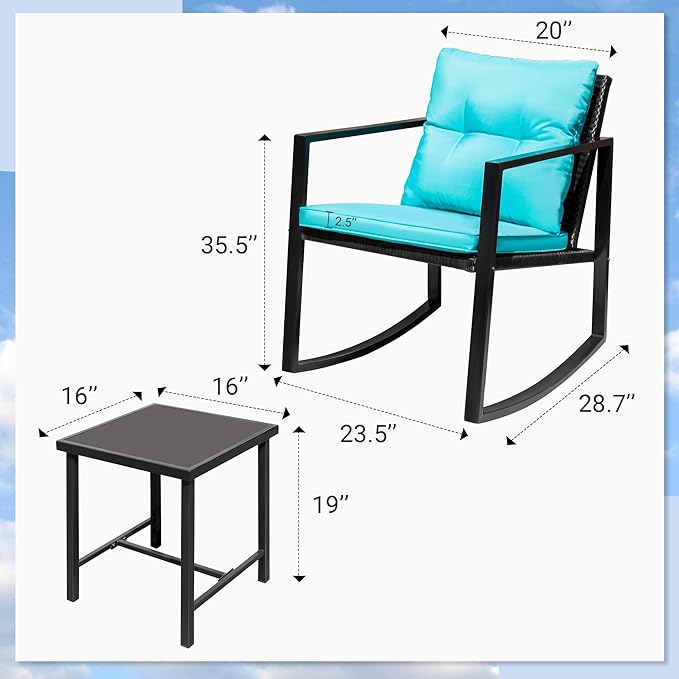 Flamaker Patio Chairs 3 Piece Wicker Rocking Chair Outdoor Bistro Sets with Coffee Table and Cushions Metal Frame Patio Furniture for Porch, Balcony, Lawn (Blue)