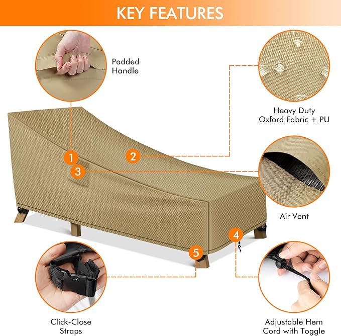 WLEAFJ Patio Chaise Lounge Cover Waterproof, Heavy Duty Outdoor Lounge Chair Covers, Durable Patio Furniture Covers, 78L x 34W x 32H inch，Khaki