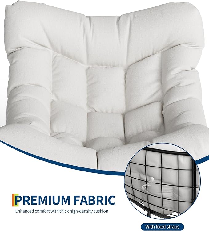 GarveeLife Outdoor Oversized Papasan Rocking Chair with Footrest, Patio Lounge Chair with Ottoman and Sturdy Metal Frame, Patio Rattan Egg Rocker for Balcony Backyard Porch Bedroom, White