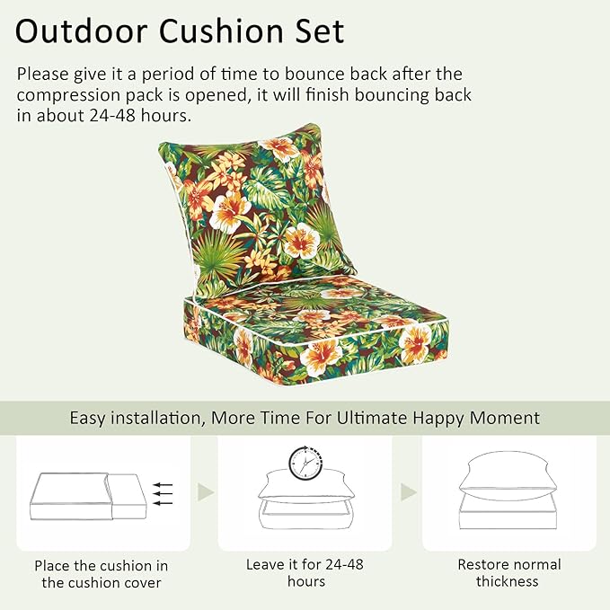 COZYVIDA Outdoor Deep Seat Cushion Set of 2, 24"x24" Seat & 25"x22.5" Back, C0 Water-Resistant Breathable Polyester, UV-Resistant 1000+ Hrs, 30D Foam,YKK Zippers,Tropical Floral