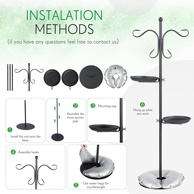 1 Set 75.9" Shepherd's Hook Stand for Bird Feeder, Hanging Plant, Wind Chime, Waterproof Metal & Adjustable Standing Pole Holder for Indoor Outdoor, with 2 Rack & Weight Bag (2 Hooks)