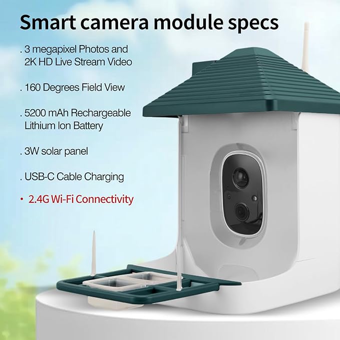 Bird Feeder with Camera,Smart Watching Birds,AI Identify Species with Solar Panel,Auto Record 2K HD Capture Video Live,2L Large Capacity,Ideal Gifts for BirdLover (Green+64G Card)