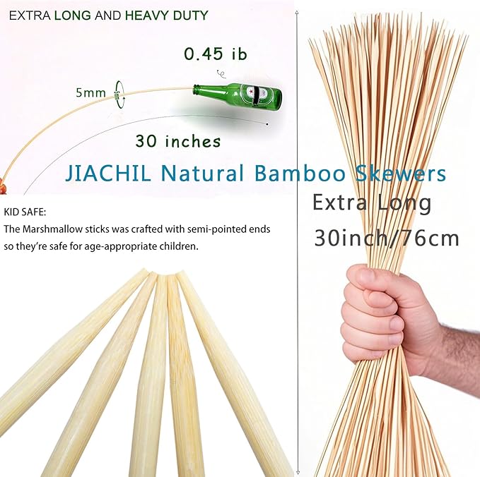 Natural Bamboo Skewers 30 Inch Extra Long 5mm Heavy Duty Marshmallow Roasting Sticks Thick Smore Sticks for BBQ Grilling Camping Kitchen Crafting and Party (120)
