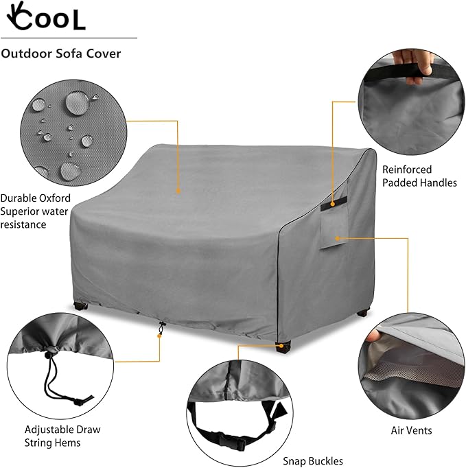 okcool Heavy Duty Patio Sofa Cover, 100% Waterproof 2-Seater Outdoor Sofa Cover Fits up to 58W x 32.5D x 31H Inches, Lawn Patio Furniture Covers,Grey