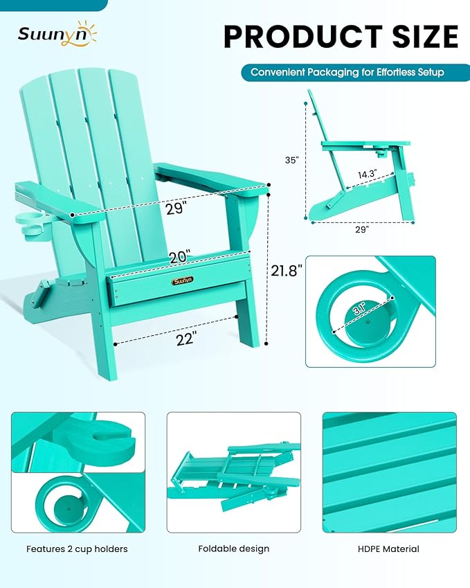 Folding Adirondack Chair 4 Pack, HDPE All-Weather Fire Pit Chairs, Plastic Adirondack Chairs with 2 Cup Holder, Outdoor Lawn Chair for Patio Garden (Lake Blue)