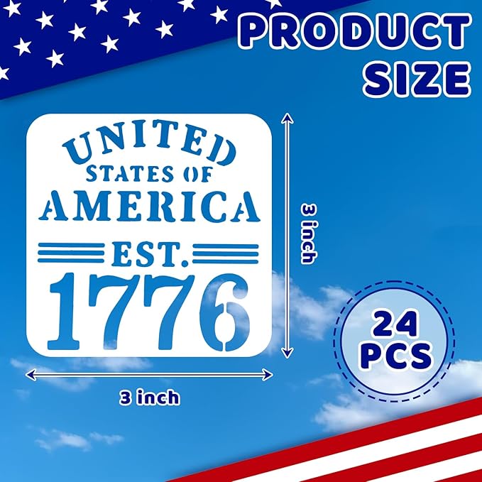 Patriotic Stencils, 24 PCS Reusable 4th of July Stencils Independence Day Templates for Painting American Flag Scrapbooking Wall Floor Home Decor DIY Rock Painting Art Projects 3 x 3 Inch