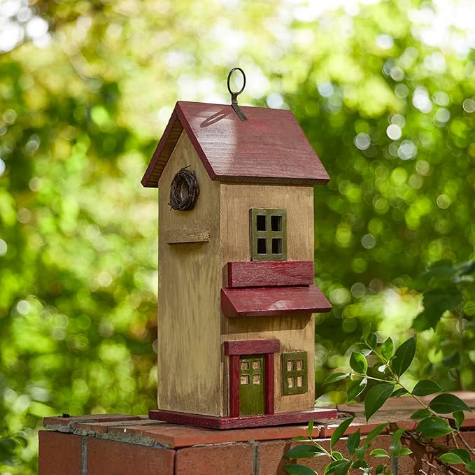 Glitzhome Bird Houses for Outdoor, Solid Wood Bluebird House for Outside, 14.25" H Rustic Distressed Hand Painted Decorative Birdhouse Nest Box Hanging Birdhouses for Patio Garden