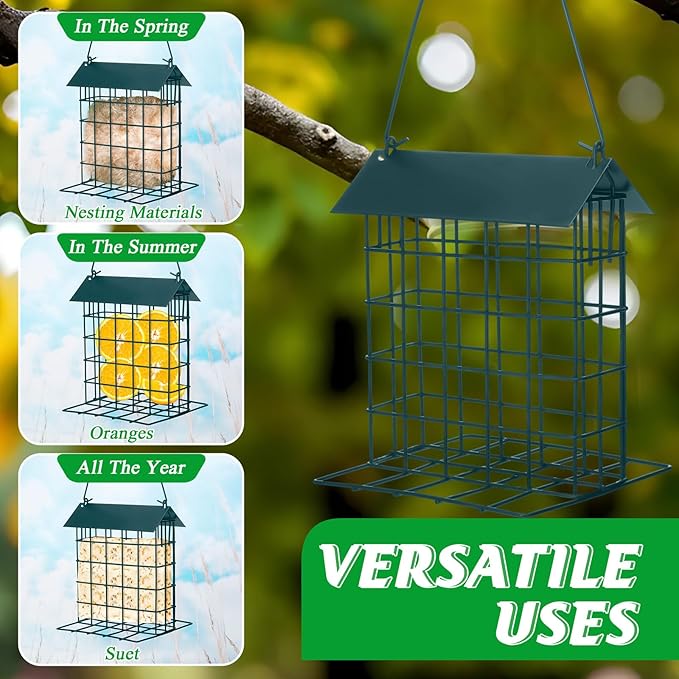 Nuogo 4 Pcs Wild Bird Feeder Squirrel Proof Outdoor Hanging Suet Holder with Metal Roof and Platform Outside Cake Suet Feeder Rainproof Cage for Oriole Hummingbird Chickadee Nuthatch(Dark Green)