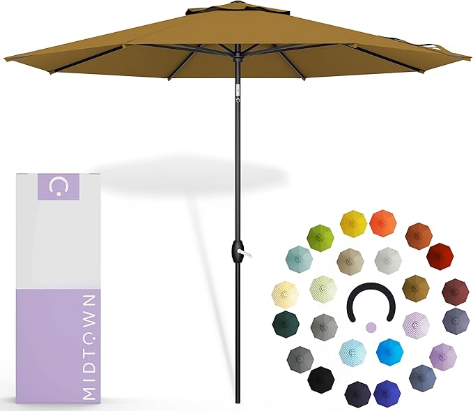 Midtown Umbrellas - 10-Year-No-Fade 9 Ft Patio Umbrella with Terylast Fabric, Auto-Tilt Aluminum Frame and 8 Reinforced Ribs for Deck, Pool, Garden & Beach - Sand Tan Canopy, Black Pole