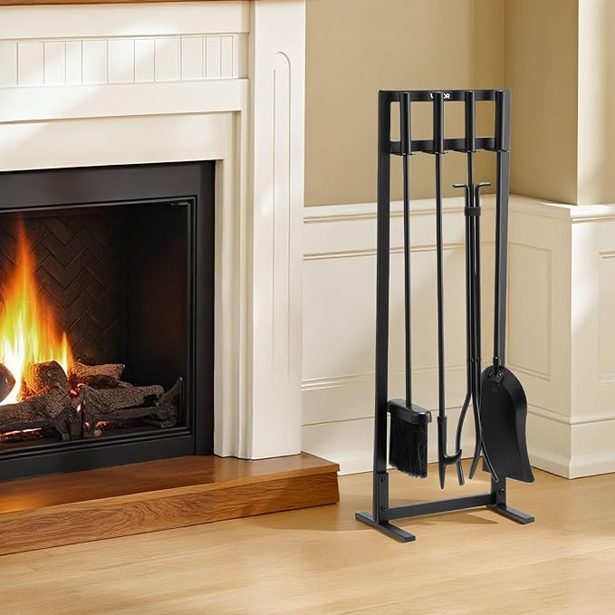 VEVOR Fireplace Tool Set, 5 PCS Fire Tool Set and Holder with Square-Frame Stand, Tongs, Ash Shovel, Brush, Fire Place Poker, Wrought Iron Steel Fireplace Accessories for Indoor/Outdoor, Black