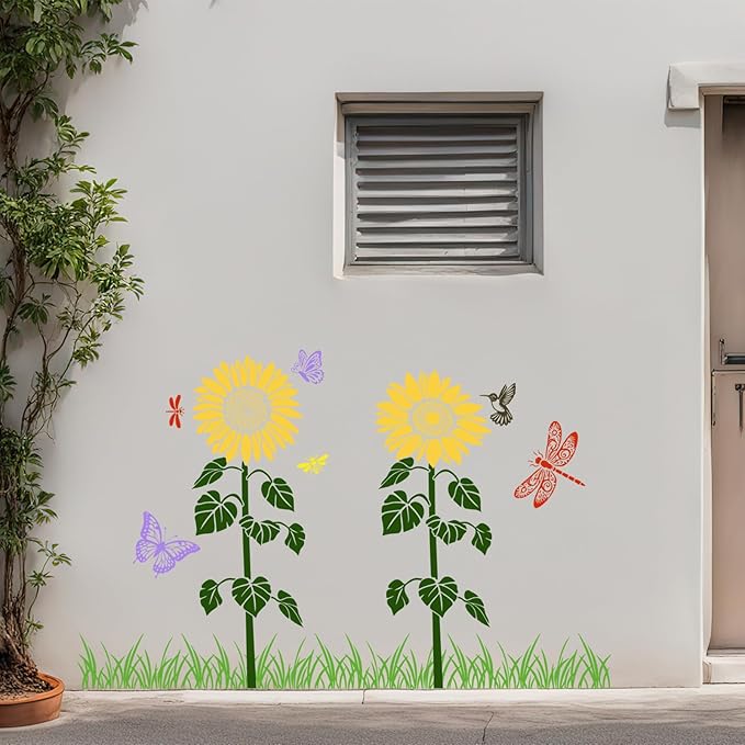 10 Pcs Large Sunflower Stencils for Painting Reusable Floral Butterfly Leaf Crafts Stencils Set for DIY Drawing, Walls, Wood, Window, Garden Fence Furniture