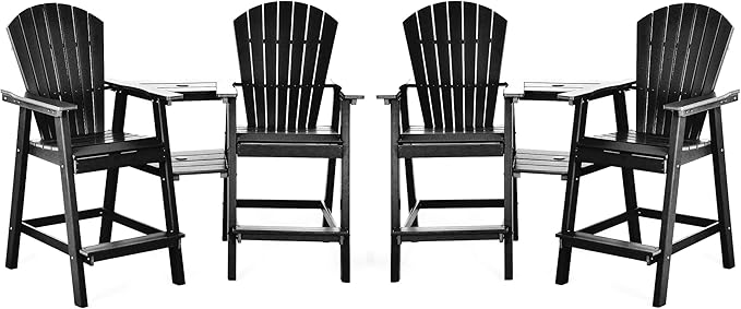 Tall Adirondack Chairs Set of 4, HDPE Balcony Chair with Double Connecting Tray, Weather Resistant Outdoor Adirondack Bar Stools for Patio, Deck, Patio, Backyard, Balcony. (Black)