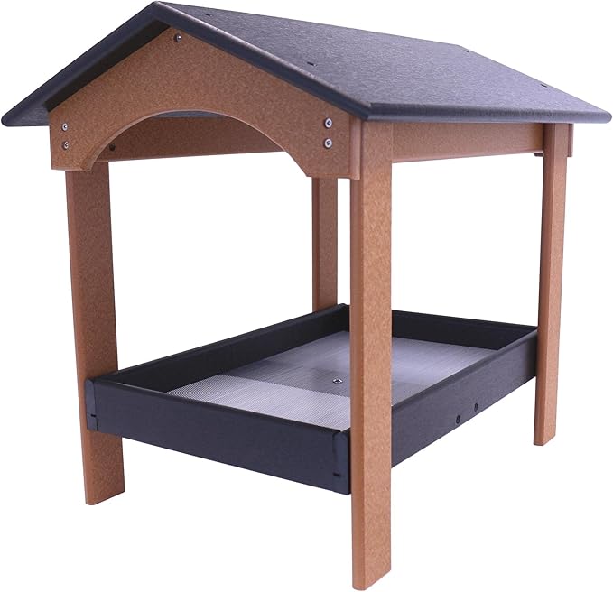 AmishToyBox.com Ground Bird Feeder, Deluxe Fly-Through Covered Feeder for Birds and Squirrels with Screen Mesh Tray (Black/Cedar)