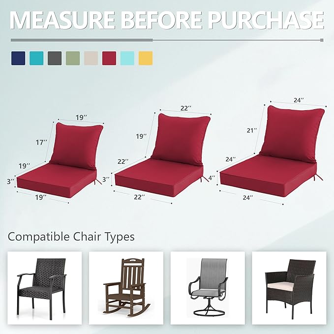 24x24 Inch Outdoor Chair Cushions Set of 4, Patio Furniture Cushions - Removable Cover, Water-Repellent, Fade-Resistant, Non-Slip Bottom & Straps, Replacement for Deep Seat Sofa & Couch - Burgundy