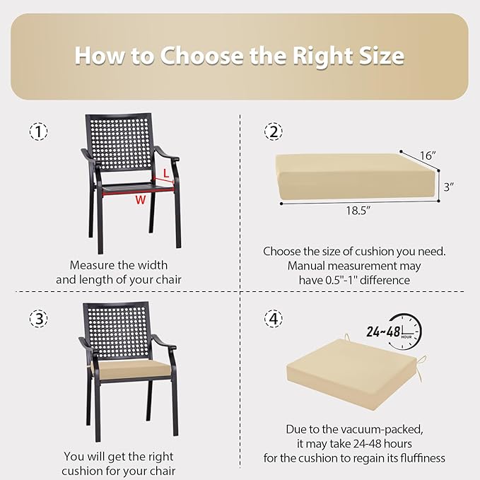 Outdoor Chair Cushions Set of 6, 18.5 x 16 Inch Patio Chair Cushions for Outdoor Furniture, Water Resistant, Non-Slip Ties (Beige)