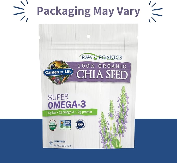 Garden of Life Chia Seeds 100% Organic for Smoothies, Pudding - Raw Organics Whole Seed Foods with Omega 3 Superfood, Fiber, Keto Friendly, Non-GMO, Gluten Free - Vegan Egg Substitute, 28 Servings