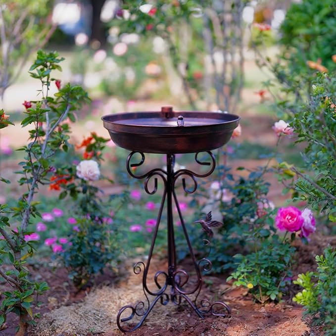 dreamysoul Large Bird Bath with Metal Pedestal, 18" Dia Antique Copper Outdoor Birdbath with Bird Feeder for Garden Outside Patio Yard Decor