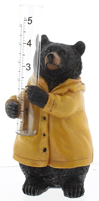 The Bridge Collection 7" Black Bear Weather Rain Gauge - for Patio, Porch, Garden - Resin Bear With Yellow Rain Coat - Cabin Decor