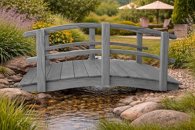 6 FT Grey Amish Made Garden Bridge with Double Rails for Walkway, Backyard Pond & Landscaping, Outdoor Wooden Footbridge for Koi Pond, Japanese Style Decorative Bridge, Made in USA