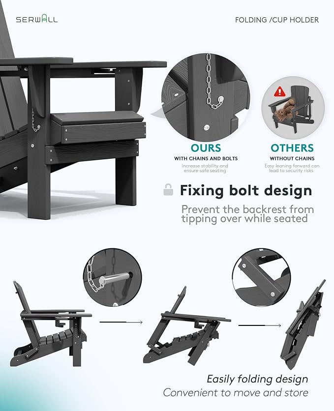 SERWALL Foldable Adirondack Chair Set of 2, HDPE Adirondack Chair with Wood-Texture-Gray