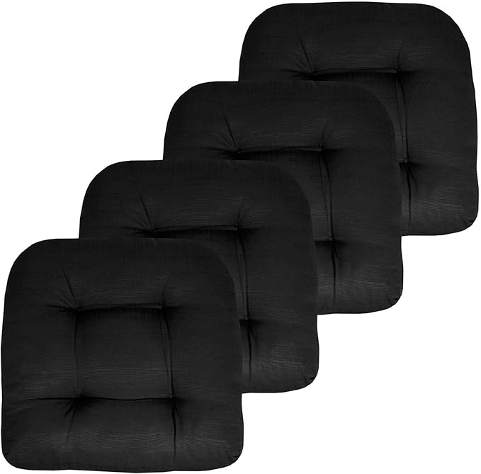 Sweet Home Collection Patio Cushions Outdoor Chair Pads Premium Comfortable Thick Fiber Fill Tufted 19" x 19" Seat Cover, Black, Pack of 4