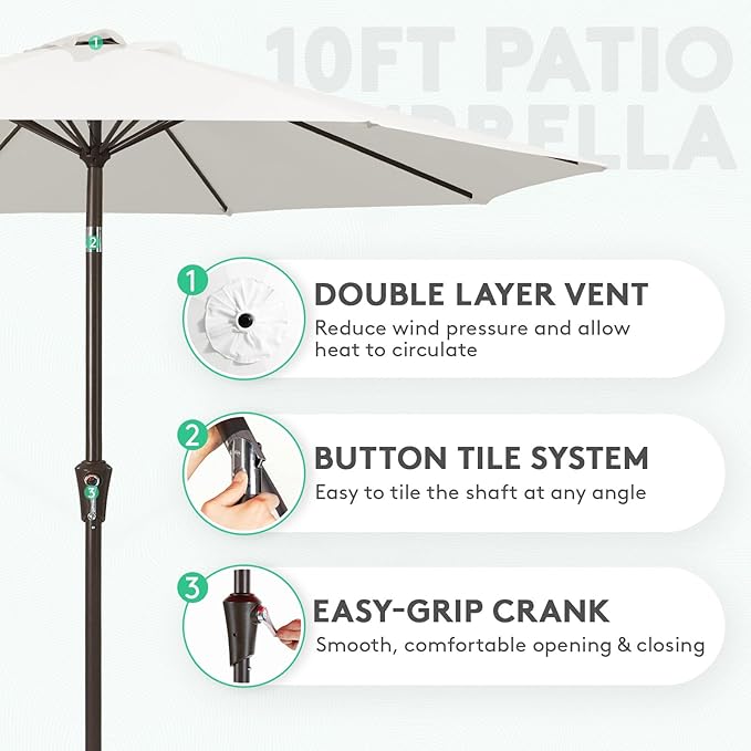JEAREY 10FT Patio Umbrellas Outdoor Table Umbrella with Push Button Tilt and Crank, Market Umbrella 8 Sturdy Ribs UV Protection Waterproof for Pool, Garden (White)