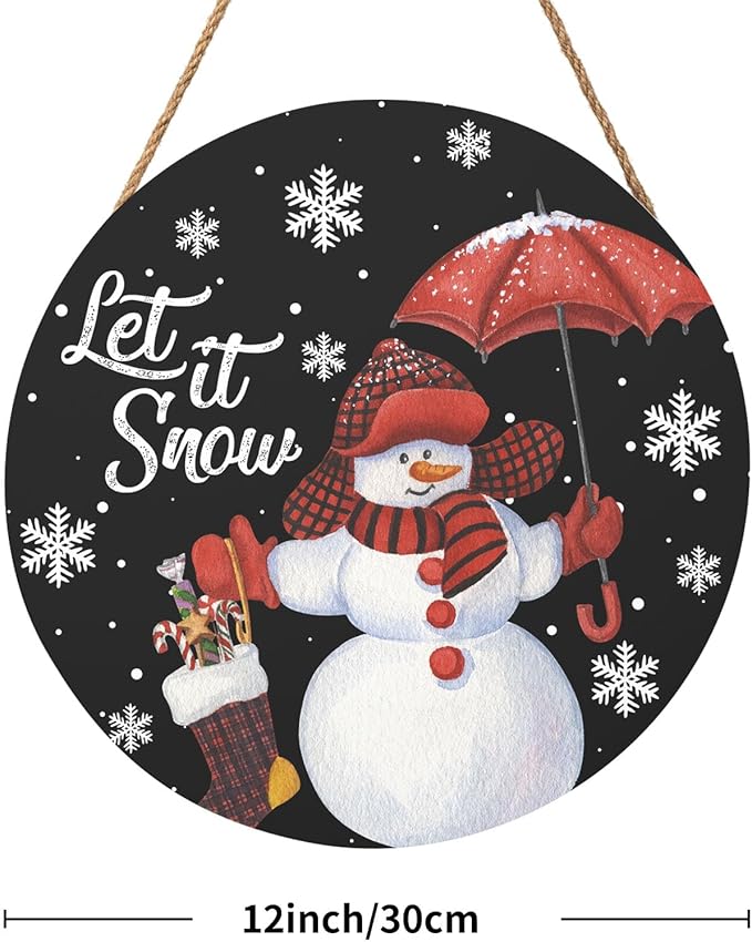 Snowman with Red Umbrella Door Sign For Front Door Decor,Winter Welcome Snowflakes Black Wooden Sign 12"x 12" Round Wood Hanging Door Sign Decoration for Winter Day Wall Porch Decor