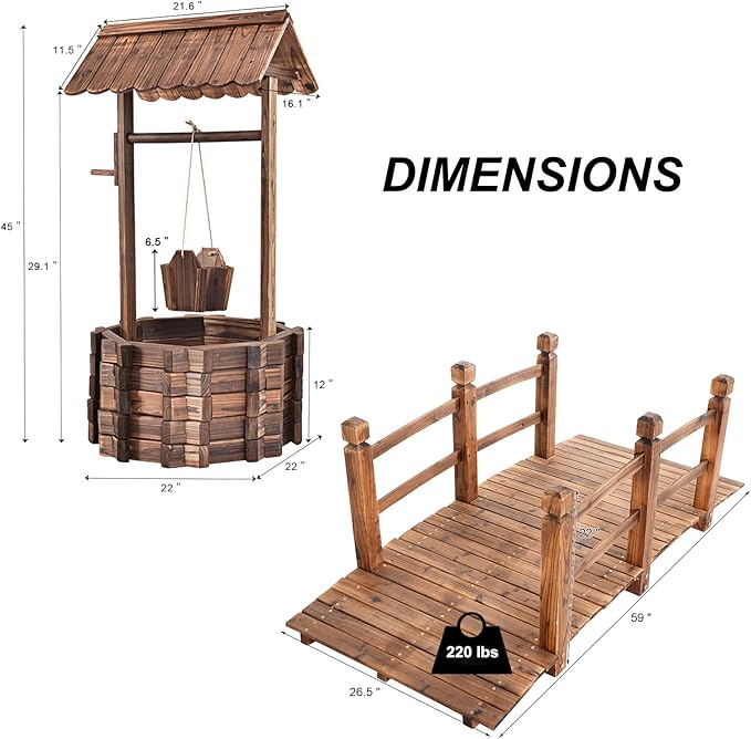 S AFSTAR Wooden Garden Bridge, 5FT Stain Finished Arch Footbridge with Safety Rails for Garden Patio Yard, Outdoor Pond Bridge & Wishing Well Planter Set