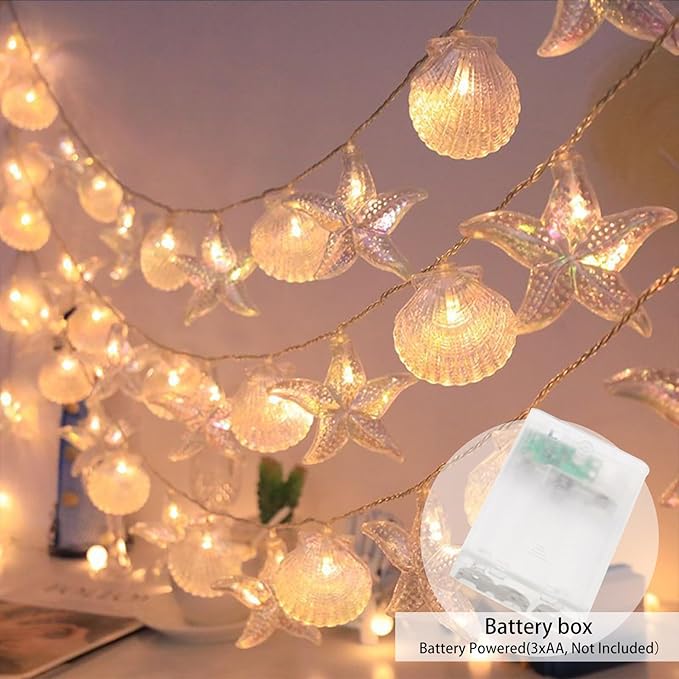 Starfish Shell String String Light 20 FT 40 LED Lights with Battery Operated Warm White LEDs, Ocean Theme for Holiday Party, Wedding, Garden Decoration (Shell Stars, 20FT)