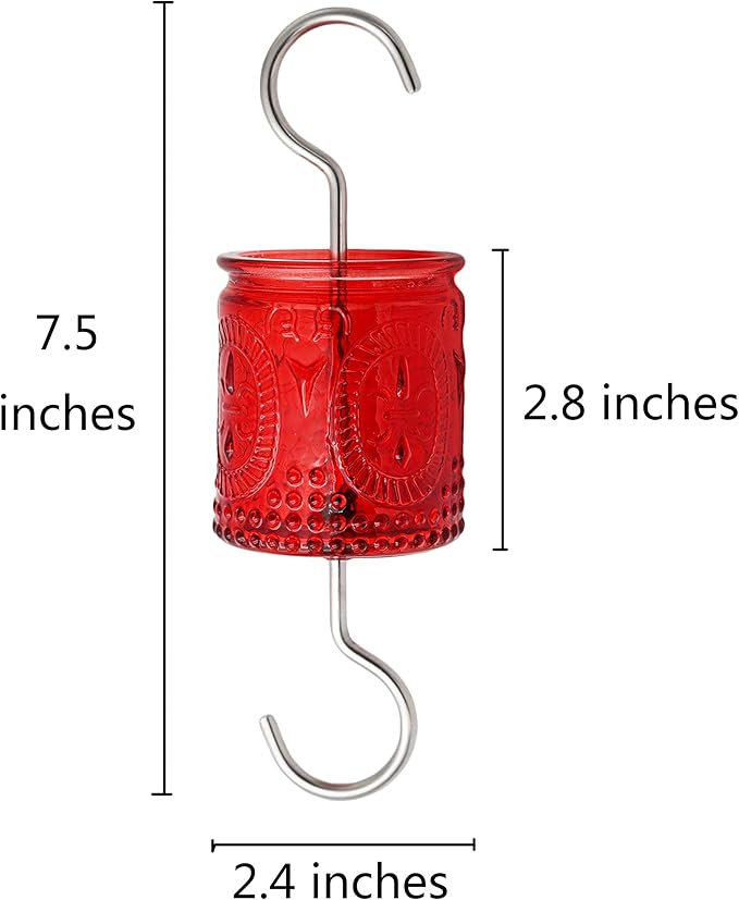 4OZ Vintage Glass Ant Moat for Hummingbird Feeder 4 OZ Large Capacity Stainless Steel Hooks (Red)