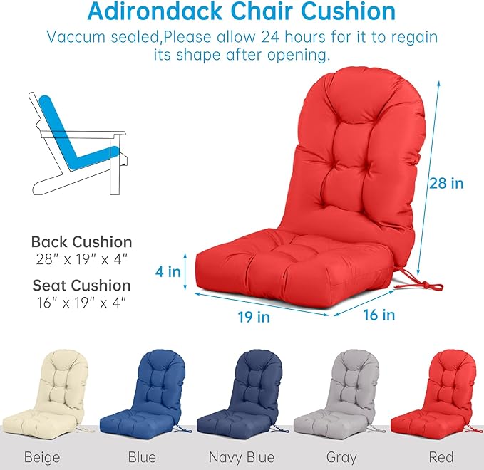 Adirondack Chair Cushion Tufted Waterproof Outdoor Rocking Chair Cushions with Ties Anti-Slip High Back Patio Chair Cushions for Patio Furniture Cushions