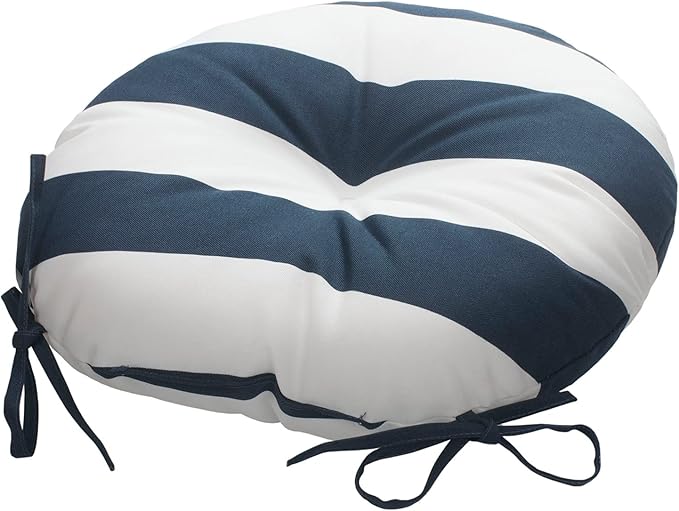 Magpie Fabrics Outdoor Round Bistro Seat Cushions with Ties, 15"x15"x4" Set of 2, Tufted Waterproof Barstool Chair Pads for Patio Home Garden Office, Navy White