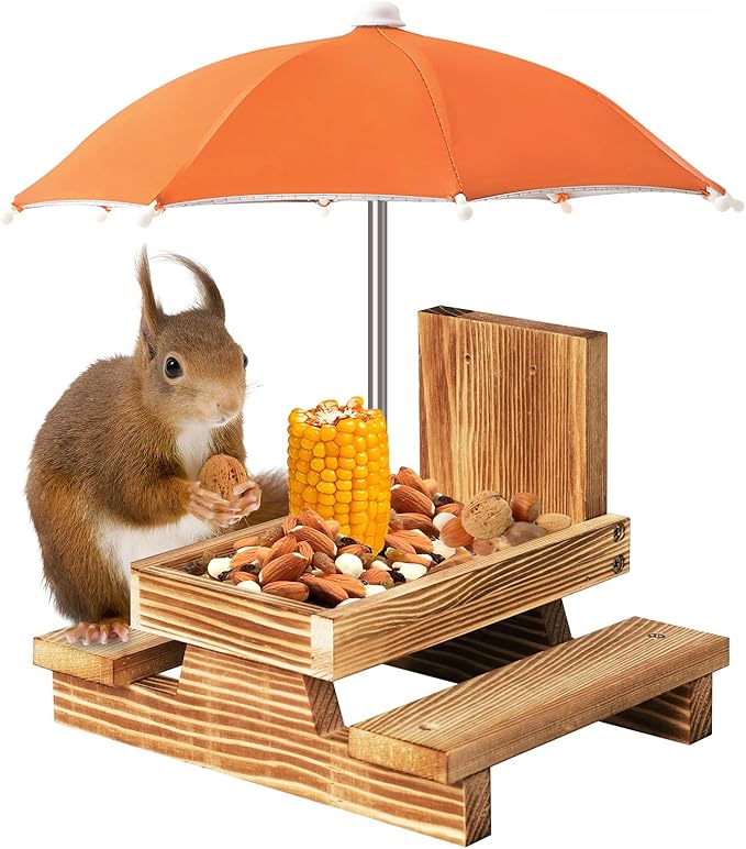 Gnodary Squirrel Feeder with Umbrella, Squirrel Feeders for Outside, Squirrel Picnic Table Feeder - Chipmunk Feeder Hold Corn, Corn Cob, Peanuts Style2 (Orange)