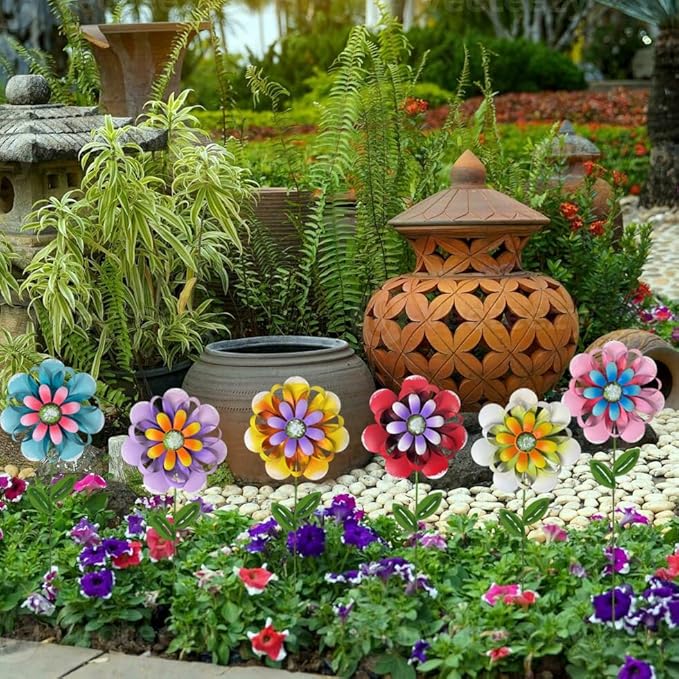 Metal Flower Garden Stakes, 6 Pc. Set, Large Colorful Decorative Landscape and Gardening Outdoor Decor, Lawn and Yard Ornament, Rust and Weather Resistant
