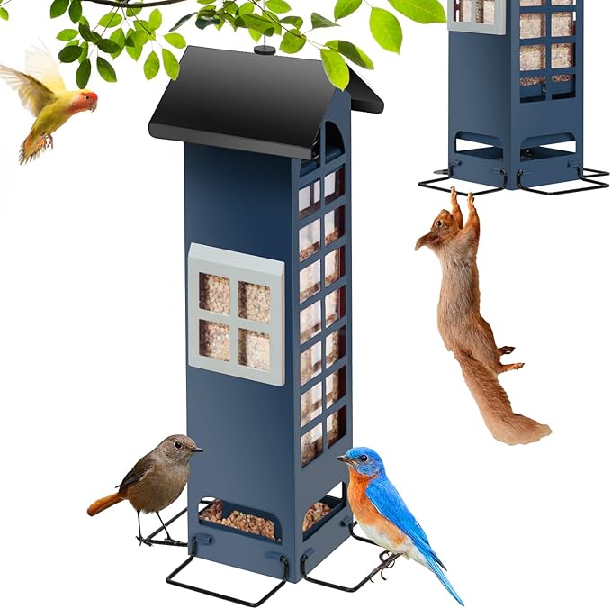 Squirrel Proof Bird Feeder,Metal Mesh Hanging Outdoor Bird Feeders with Weight Activated 2LB Capacity for Finch, Cardinal, Chickadee and Blue Jay-Blue