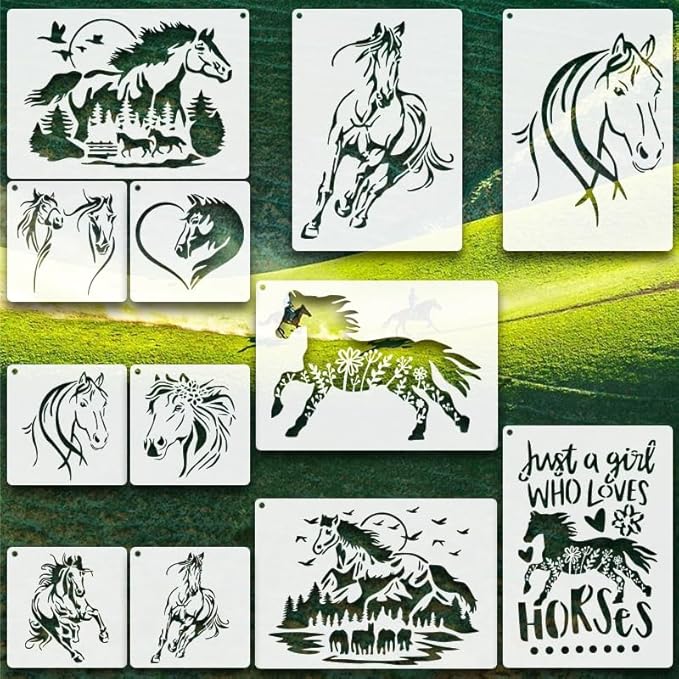 Horse Stencils for Painting on Wood, Walls, Canvas, Fabric, Scrapbooking – 12PCS Reusable Horse Stencils Templates for Kids and Adults DIY Crafts, Drawing, Home Decor