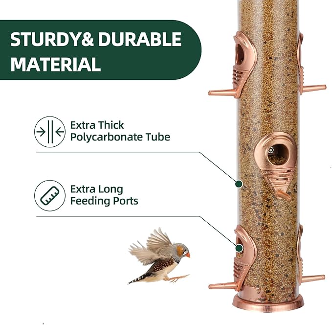 ERYTLLY Metal Bird Feeders 6 Port Tube Bird Feeder for Wild Birds, 1.4mm Extra Thick Solid Tube Transparent with Steel Hanger Squirrel Proof for Outside