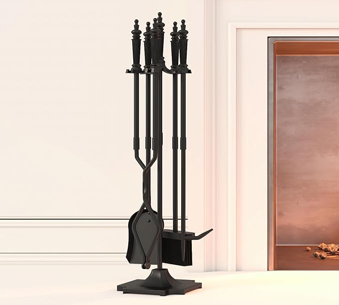 5-Piece Fireplace Tools Set 32.5In Cast Iron Indoor & Outdoor Fireside Accessories Includes Stand, Shovel, Brush, Tong, and Poker