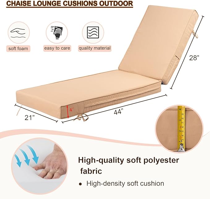 Chaise Lounge Cushions Outdoor Set of 2, Waterproof & Fade Resistant Patio Lounger Cushions, Replacement Sun Lounger Pads with Removable Cover for Pool, Deck, Lawn Furniture