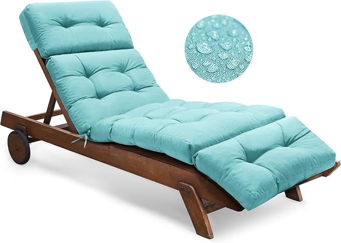 Outdoor Chaise Lounge Chair Cushion Waterproof 74.4 x 22 x 4.7 Inches Memory Foam Lounge Chair Cushions Replacement for Outdoor Furniture with Ties, Thickened Pool Lounge Chair Cushion, Teal