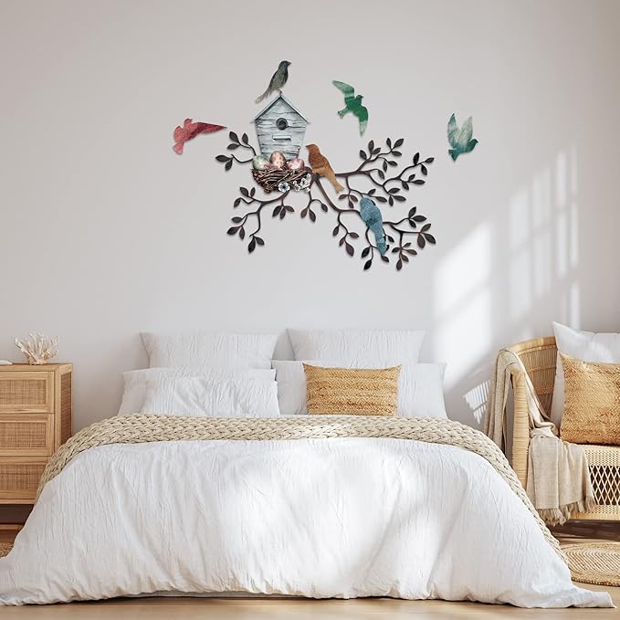 Tatuo Metal Bird Wall Art Birds on The Branch Wall Decor Hanging Metal Tree with Birdhouse for Living Room Tree Leaf Decor for Indoor Outdoor Garden Bedroom Office Home Housewarming Party