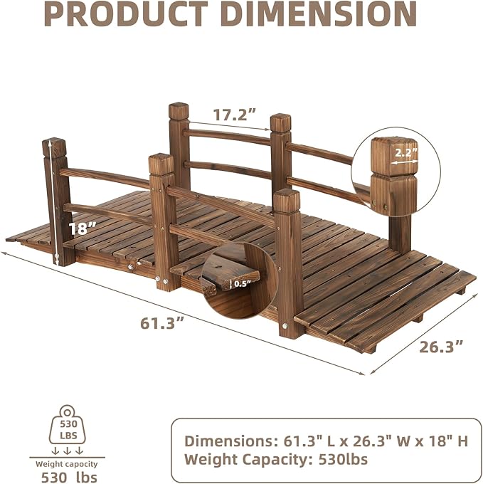 Wood Garden Bridge Classic Wooden Arch Stained Finish Footbridge with Safety Railings, 530 lbs Capacity, Decorative Pond Bridge Landscaping for Outdoor Yard Farm Garden Creek Ponds, Carbonized