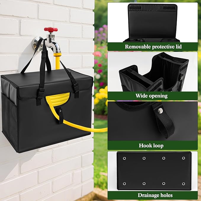Expandable Garden Hose Holder, Water Hose Organizer, Heavy Duty Self Draining Hose Storage Container, Outdoor Sprinkler Storage Bag for Garden Tools