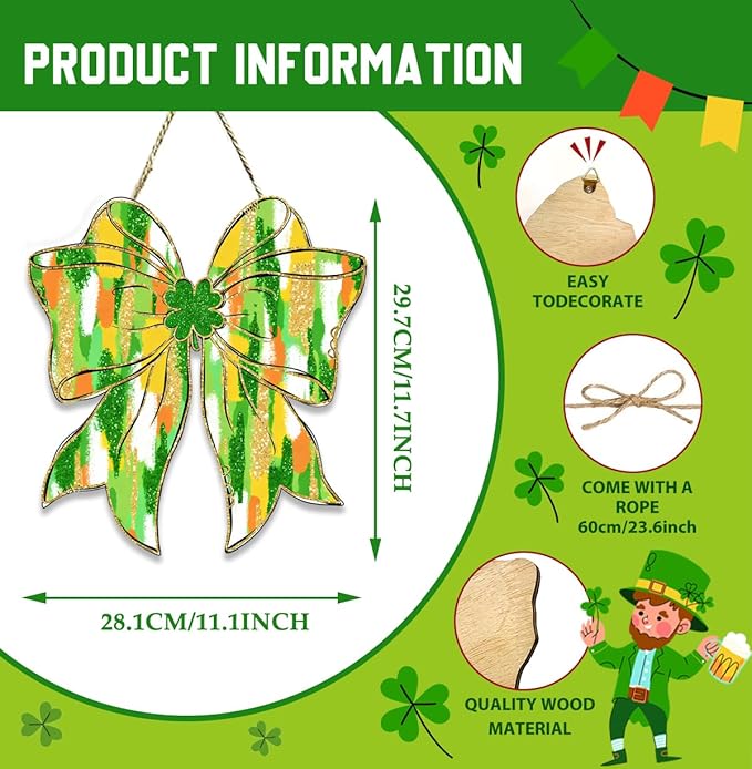 St Patricks Day Door Decorations, St Patricks Day Decorations, Shamrock Door Decoration, Gold Glitter Lucky Charm Shamrock Bow Wood Hanging Sign for Office Party Porch Yard Home Decor