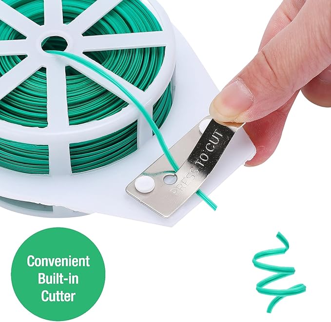GSM Brands Twist Ties: 328 Feet Plastic Coated Wire to Tie Garden Plant or Office Cable with Convenient, Built-in Cutter (Green)
