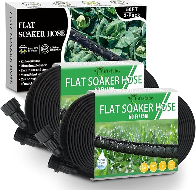 Flat Soaker Hose 100ft, Garden Hose with Heavy Duty Double Layer Design, Drip Irrigation Hose Saves 80% Water, Leak Proof Sprinkler Hose for Garden, Lawn, Vegetable plot (50ft x 2)