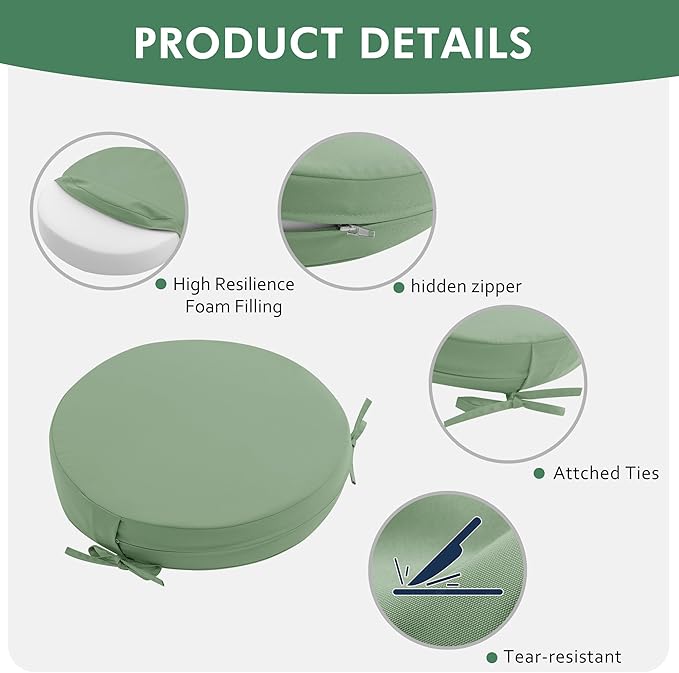 Outdoor Bistro Chair Cushions Set of 2, 15" D x 3" H Round Chair Cushions Waterproof and Fade Resistant Chair Cushion Pads with Non-Slip Ties and Removable Covers for Garden, Sage Green