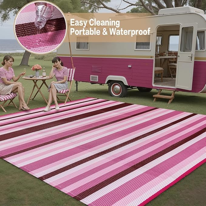 HUGEAR Outdoor Waterproof Rug 5'x8' Plastic Straw Rugs Washable Reversible Floor Mat Pink Stripe Carpet for Camping RV Deck Entryance Porch Picnic Balcony Beach Backyard